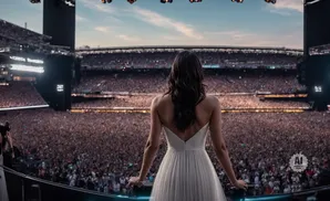 A woman in a white dress stands on stage before a massive crowd in a stadium.