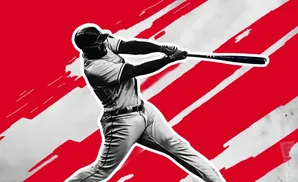 A baseball player swings a bat against a red and white abstract background.
