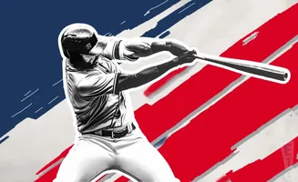 A black and white illustration of a baseball player swinging a bat against a red, white, and blue background.