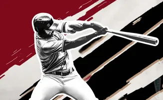 A baseball player swings a bat against a graphic background of red, black, and white stripes.