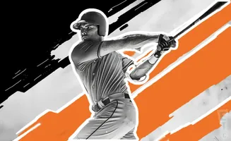 A baseball player in mid-swing, with a black and orange graphic background.