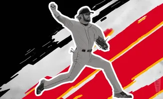 A baseball pitcher in mid-throw against a graphic background with black, white, and red diagonal lines.