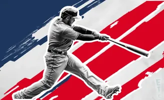 A baseball player swings a bat against a red, white, and blue abstract background.