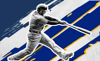 A baseball player swings a bat against a dynamic blue and white background with yellow accents.