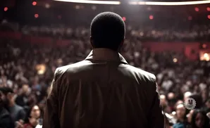 Man with afro and brown jacket faces a blurry audience in a theater.