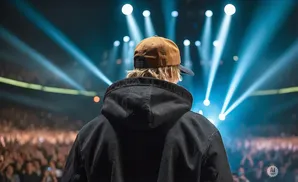 Back of a person in a black hoodie and baseball cap on stage with bright blue spotlights and a cheering audience.