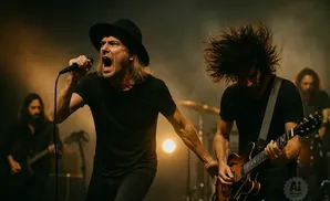 A rock band performs on stage, with the lead singer in a black hat belting into a mic, and a guitarist with wild hair playing an electric guitar.