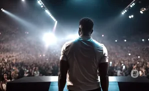 A performer faces a large, cheering crowd on a brightly lit stage.