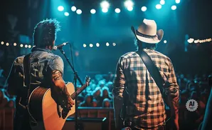 Two musicians on stage, one with an acoustic guitar and the other in a cowboy hat, perform for a crowd under blue spotlights.