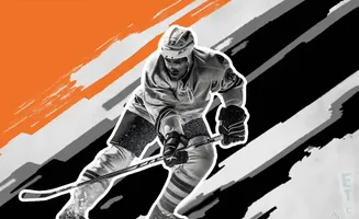 A hockey player in action, against a backdrop of orange and black diagonal brush strokes.