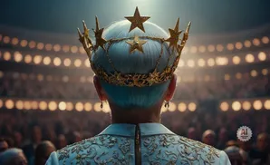 A person with blue hair wears a golden crown adorned with stars and a shimmering, embroidered jacket, facing a blurry audience.