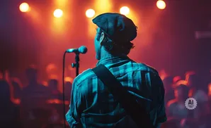 Back view of a musician wearing a flat cap and plaid shirt on stage with a microphone and blurred audience.