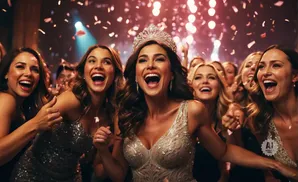 A beauty pageant winner with a crown smiles, surrounded by cheering women during a confetti celebration.