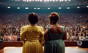 Two women in elegant gowns stand facing a large, applauding audience on a stage.