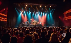 A band plays on a dimly lit stage, bathed in red and blue spotlights, facing a seated audience.