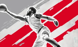 Basketball player jumping with ball against a red and gray abstract background.