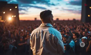 A man in a light jacket faces a large, blurred crowd at dusk.