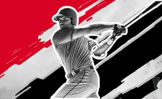 A baseball player swings a bat against a background of red and black stripes.