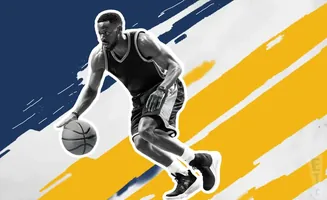 A Black basketball player dribbles a ball on a background of blue and yellow brushstrokes.