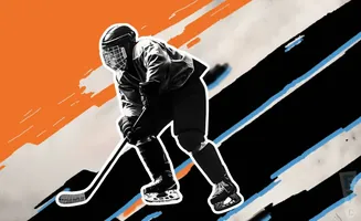 Hockey player in full gear, skating with a stick, against a graphic background of orange, black, and white diagonal lines.
