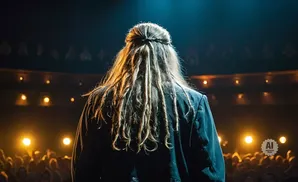 Back view of a performer with dreadlocks on stage, facing a dimly lit audience.