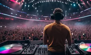 DJ with headphones plays to a cheering crowd at a concert, with colorful lights and fog filling the stadium.