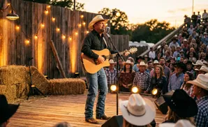 A country singer performs for an outdoor audience at sunset.