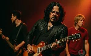 A male guitarist in a black leather jacket performs with a band.