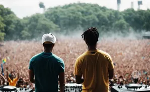 Two DJs stand on stage, facing a massive, cheering crowd at an outdoor music festival.
