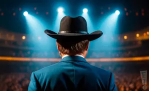 Man in a cowboy hat and blue suit facing away from camera, bathed in stage lights with a blurred audience behind.