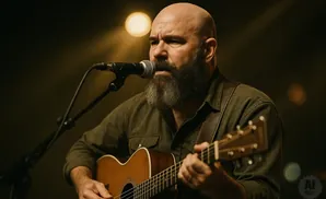 Bald man with a beard sings and plays an acoustic guitar in front of a microphone.