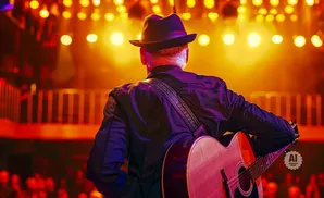 Man in hat playing guitar on stage with blurred audience and bright lights.