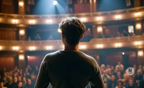 A young man stands on stage in a spotlight, facing an audience in a grand theater.