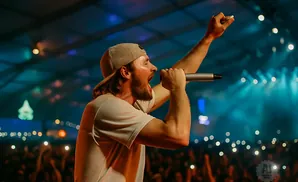 A man in a backwards baseball cap sings into a microphone on a brightly lit stage with a crowd in the background.