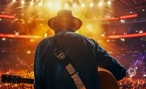 Musician wearing a hat plays guitar on stage, bathed in warm spotlight, facing a cheering crowd.
