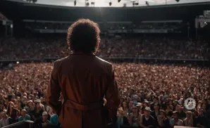 A performer in a maroon jacket faces a cheering crowd at a stadium concert.