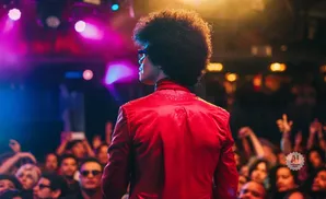 A person with an afro in a red jacket on stage, facing away from the camera, with a crowd in the background.