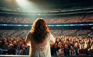 A woman with long, curly red hair on stage faces a large, cheering crowd in a stadium.