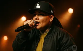 A rapper in a black LA Dodgers cap and jacket performs into a microphone on a dimly lit stage.