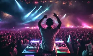 a rear view photo of excision performing a concert on stage to a lively audience