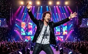 Man with long, brown hair faces a large, blurry crowd at an outdoor event during sunset.