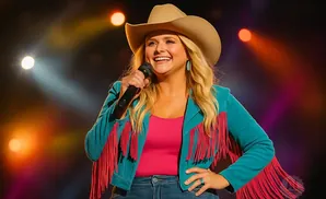 A female singer in a cowboy hat and fringed jacket performs on stage, illuminated by colorful spotlights.
