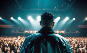 A performer in a leather jacket faces a cheering crowd under bright stage lights.