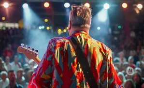A guitarist in a colorful shirt plays on stage in front of a blurred crowd.