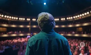 A man with curly hair on a stage faces a large audience in a theater.