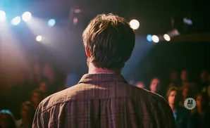 Man in plaid shirt facing away from camera, speaking to a crowd under stage lights.