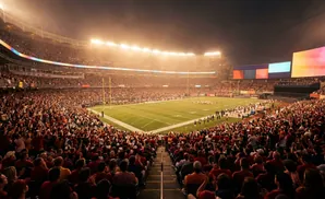 A packed football stadium with players on the field under bright lights, fans in the stands, and a large screen showing colorful images.
