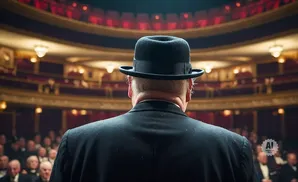 A man in a bowler hat and suit faces away from the camera, looking out at an audience in a grand theater.