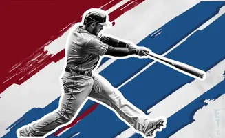A baseball player in mid-swing against a red, white, and blue abstract background.