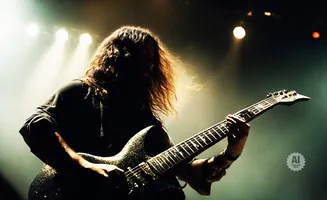 A guitarist with long hair plays a shimmering guitar on stage with spotlights.